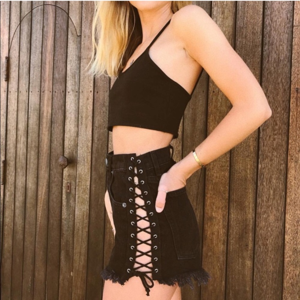 LF Carmar lace up black denim shorts